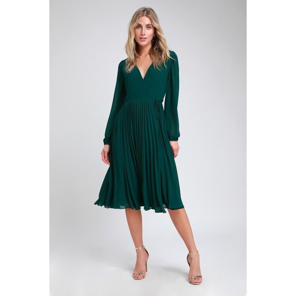Lulus First Impression Dark Green Pleated Midi Wrap Dress - Size S